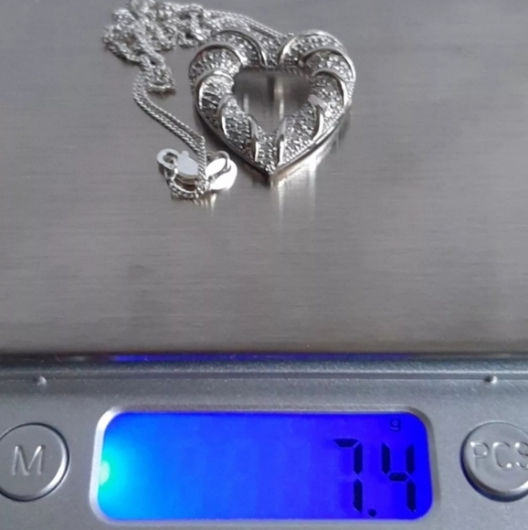 Sterling Silver Diamond Ribbon Heart Slider Pendant Necklace 16" Long 7.4 Grams - Picture 6 of 6